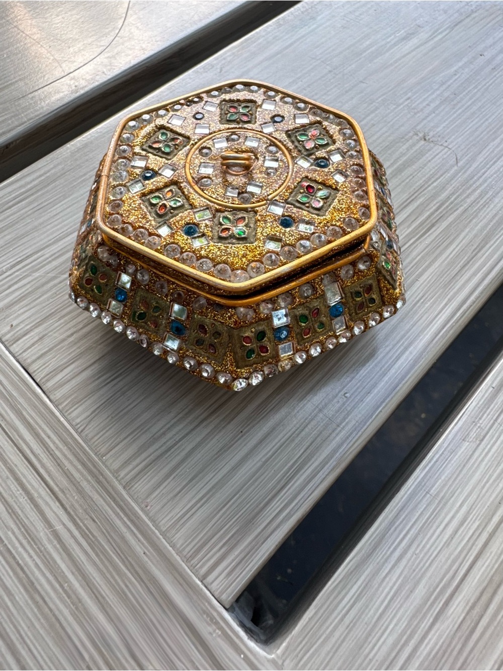 Vintage Indian Lac Trinket Jewelry Box Gold Mosaic Rhinestone Boho Keepsake Deco